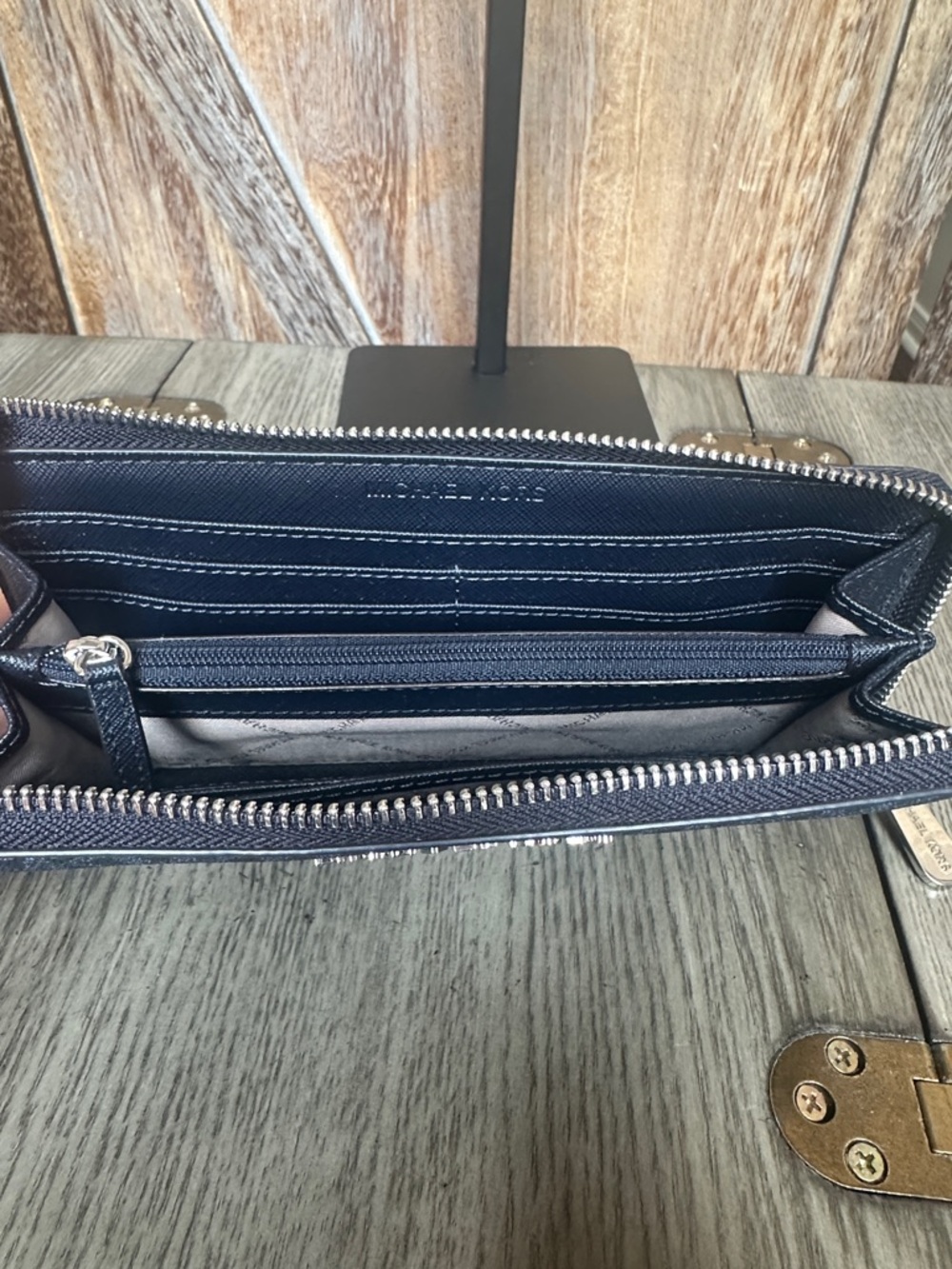 Michael Kors Navy MK Logo Zip Wallet with Silver Hardware - Picture 7 of 12
